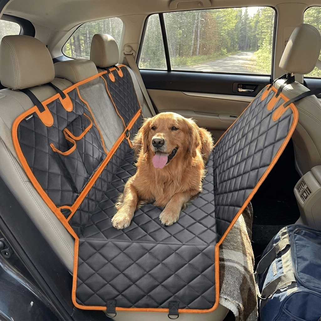 Dog riding in a car seat protected by the Furrwell Dog Car Seat Protector Mat in Orange Black
