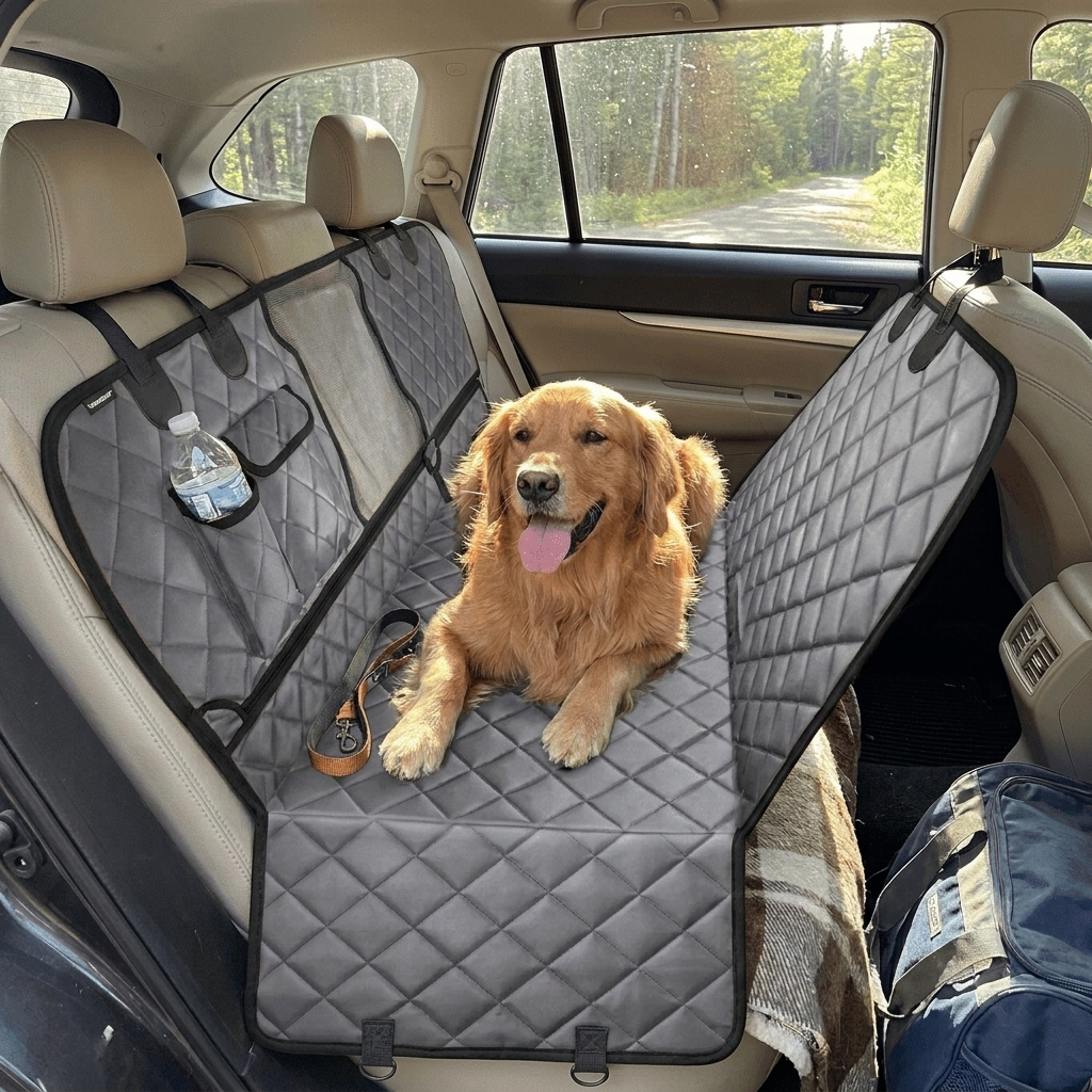 Dog riding in a car seat protected by the Furrwell Dog Car Seat Protector Mat in Black Border