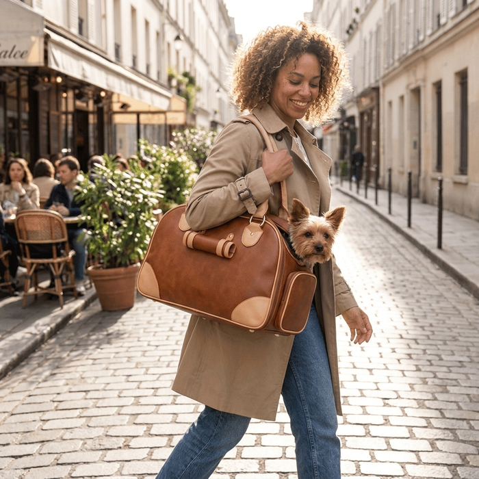 PU Leather Pet Travel Carrier Bag - Brown, dog being carried on city street