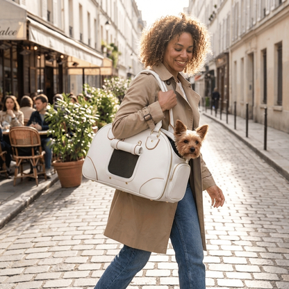 PU Leather Pet Travel Carrier Bag - White, dog being carried on city street
