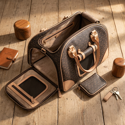 PU Leather Pet Travel Carrier Bag - material detail flat lay