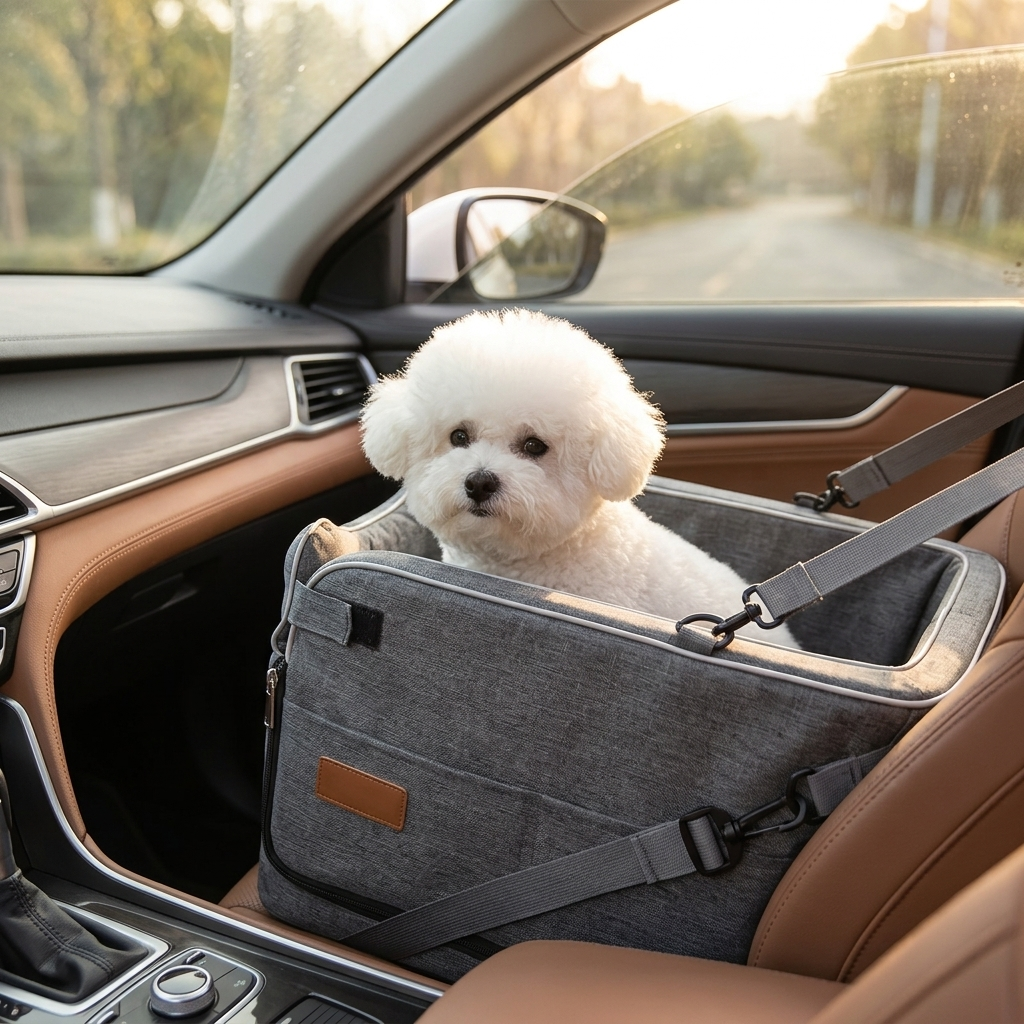 Car-mounted small dog kennel - dog using it in a car