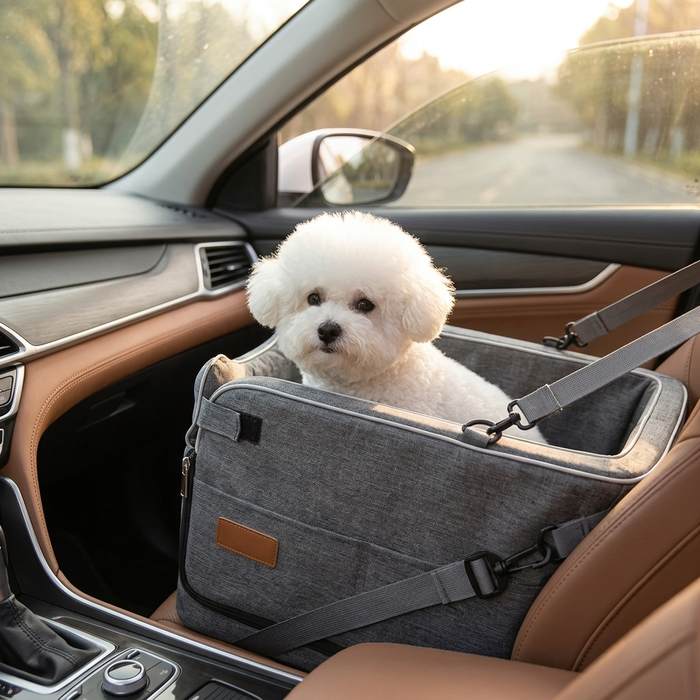Car-mounted small dog kennel - dog using it in a car