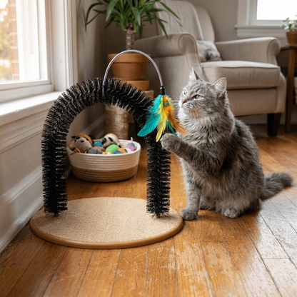 Cat Grooming Arch with Tease Stick - Lifestyle
