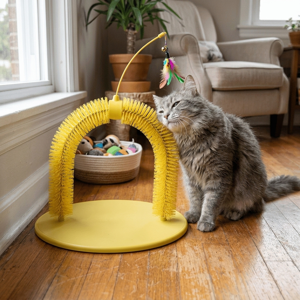 Cat Grooming Arch with Tease Stick - Durian Yellow