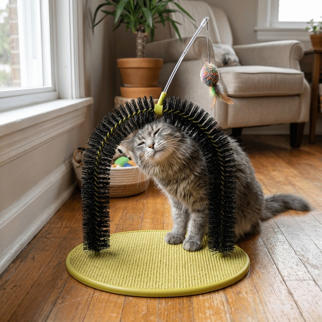 Cat Grooming Arch with Tease Stick - Pea Yellow