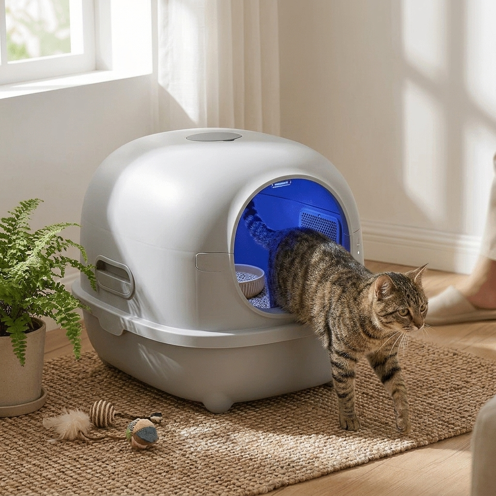 UV Cat Litter Box with Odor Control - Light Smoke Gray Lifestyle