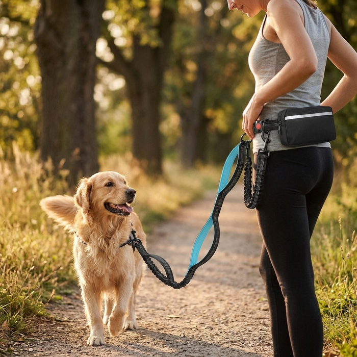 Multifunctional Reflective Dog Walking Waist Leash - lifestyle photo of a dog on the leash outdoors