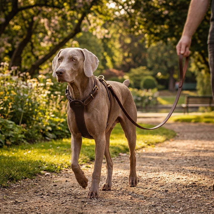 Dog wearing brown cowhide leather vest-style chest strap harness with leash - Lifestyle