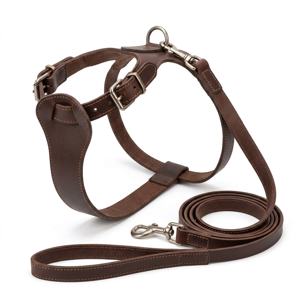 Brown cowhide leather vest-style chest strap dog harness with leash - Studio