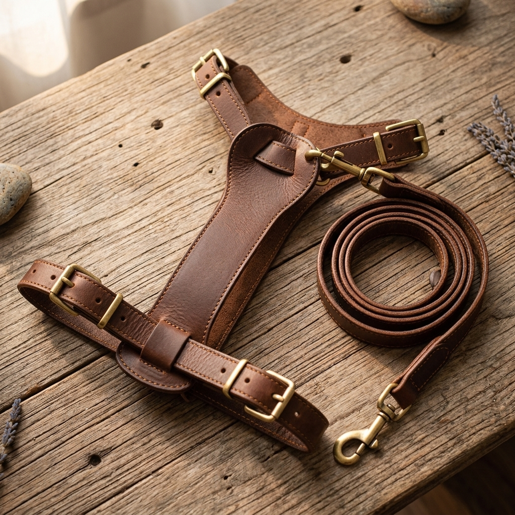 Brown cowhide leather vest-style chest strap dog harness with leash - Detail
