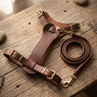 Brown cowhide leather vest-style chest strap dog harness with leash - Detail