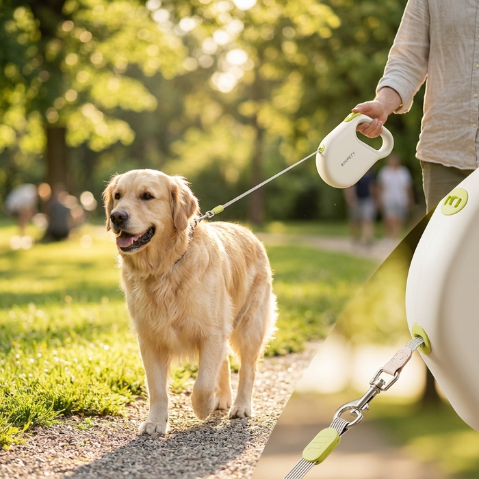 Dog walking on white automatic retractable leash with anti-breakaway feature - Lifestyle