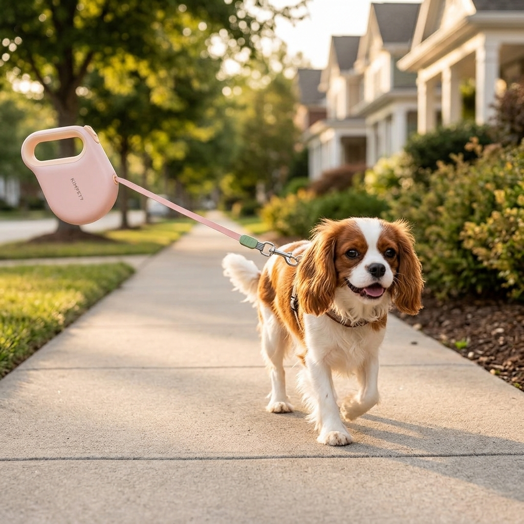 Dog walking on pink automatic retractable leash - Lifestyle