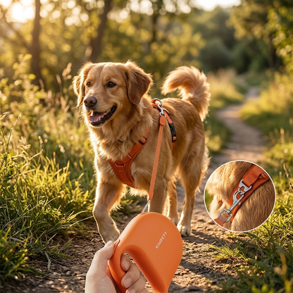 Dog walking on orange automatic retractable leash - Lifestyle