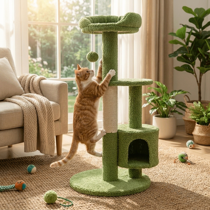 Cat scratching Sisal Cat Scratching Post, teddy velvet green, in home setting - Furrwell Pets