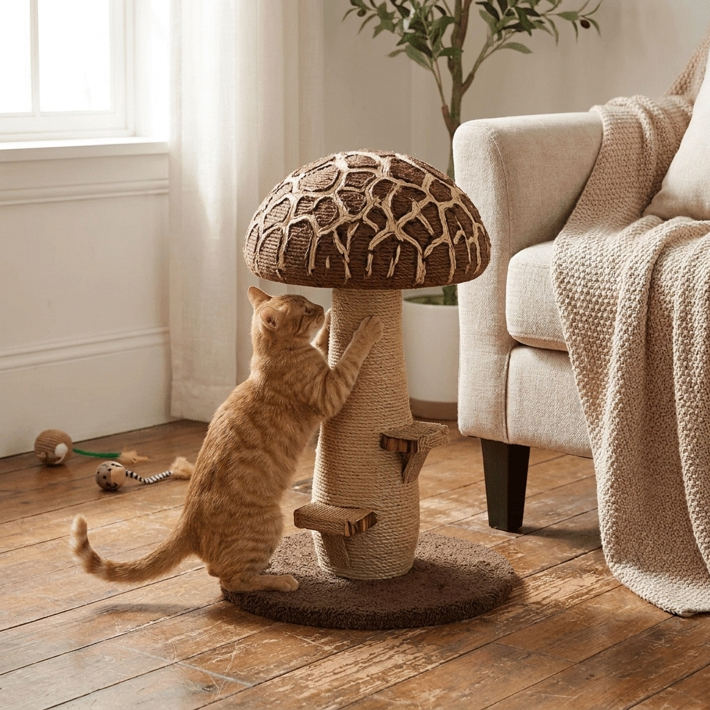 Cat climbing Xianggu-style Mushroom Sisal Cat Scratching Post in home setting - Furrwell Pets
