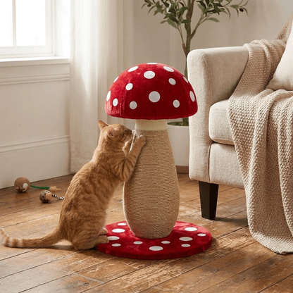 Cat climbing Hongmogu-style Mushroom Sisal Cat Scratching Post in home setting - Furrwell Pets