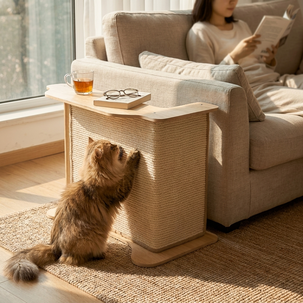 Cat scratching post beside the sofa - lifestyle