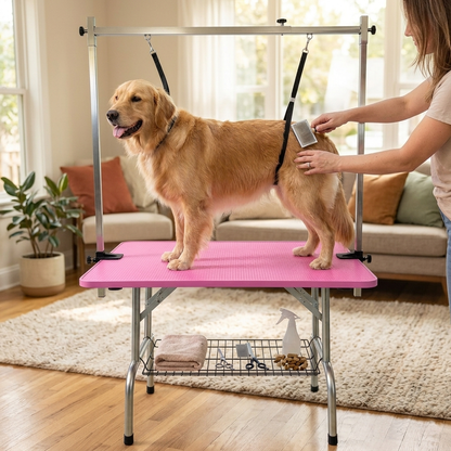 Foldable Pet Grooming Table - Pink lifestyle