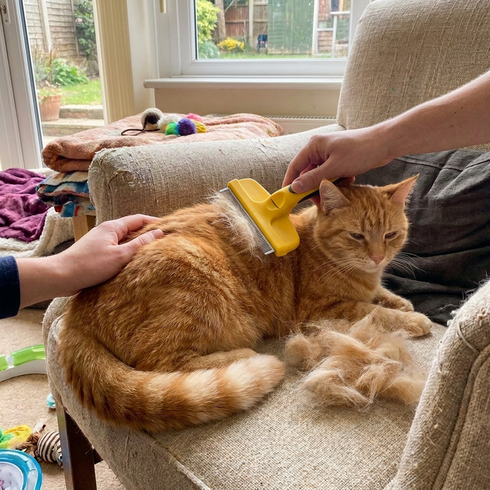 Pet Grooming Comb for Cats & Dogs - Yellow - cat being groomed lifestyle photo
