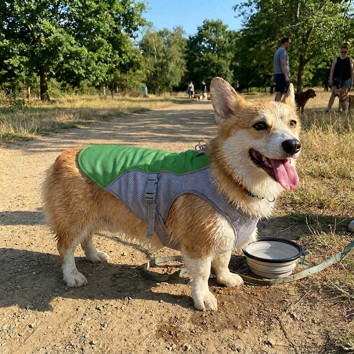 Summer Cooling Vest for Dogs - Grass Green - dog wearing vest outdoors lifestyle photo