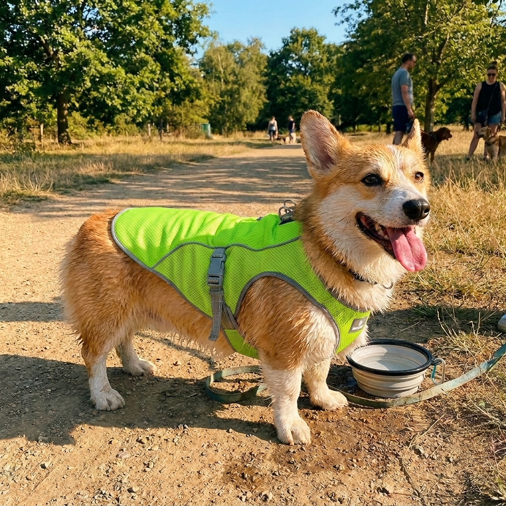 Summer Cooling Vest for Dogs - Fluorescent Green - dog wearing vest outdoors lifestyle photo
