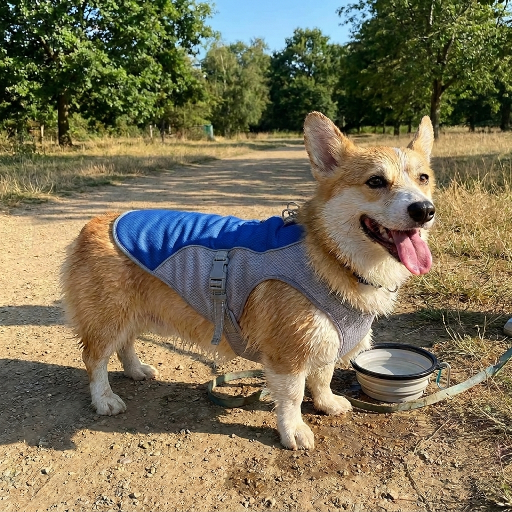 Summer Cooling Vest for Dogs - Royal Blue - dog wearing vest outdoors lifestyle photo