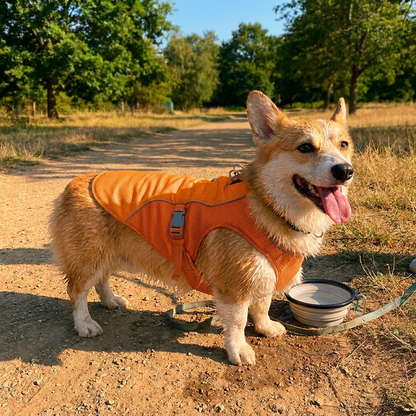 Summer Cooling Vest for Dogs - Orange - dog wearing vest outdoors lifestyle photo