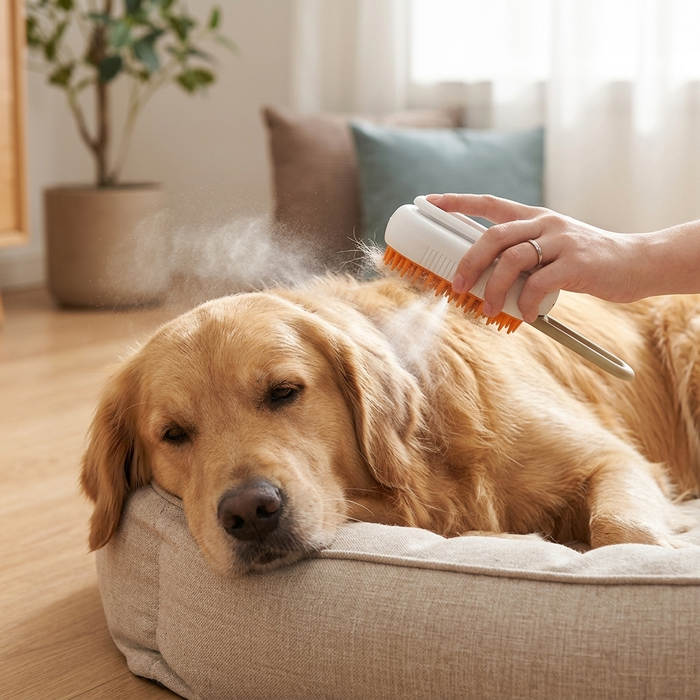 Electric Grooming Brush with Massage - White - dog being groomed